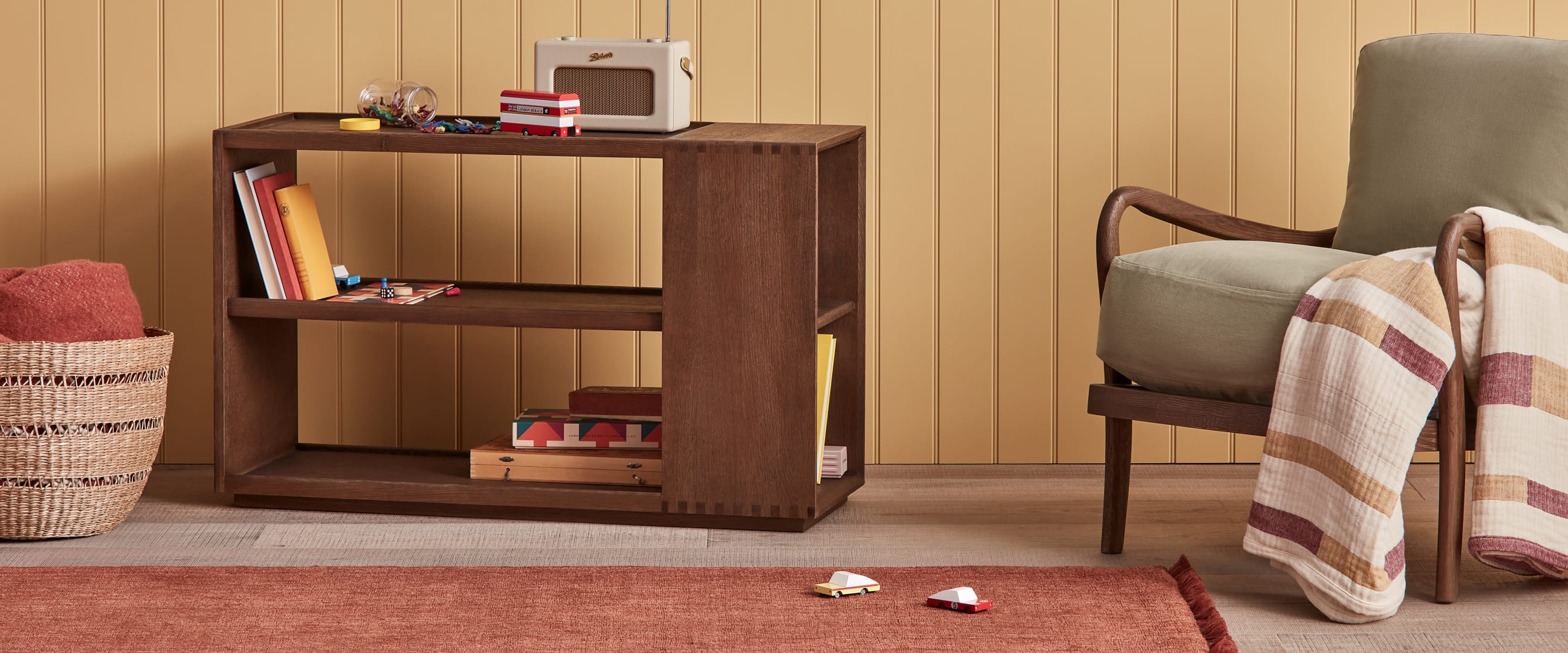 Shelfie Side Table in Whitewashed Oak | Oak Storage Sofa Shelf | Loaf